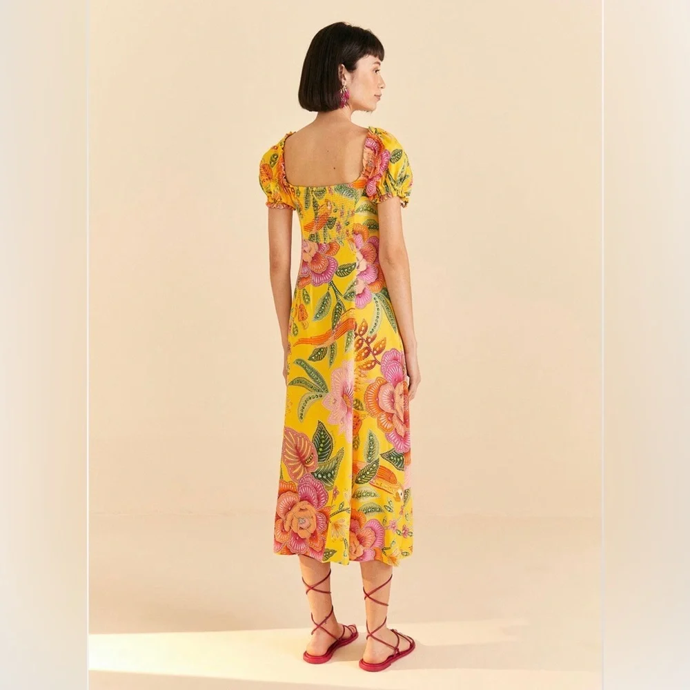 NWT FARM Rio Yellow Macaw Bloom Puff-Sleeve Midi Dress - Picture 8 of 10